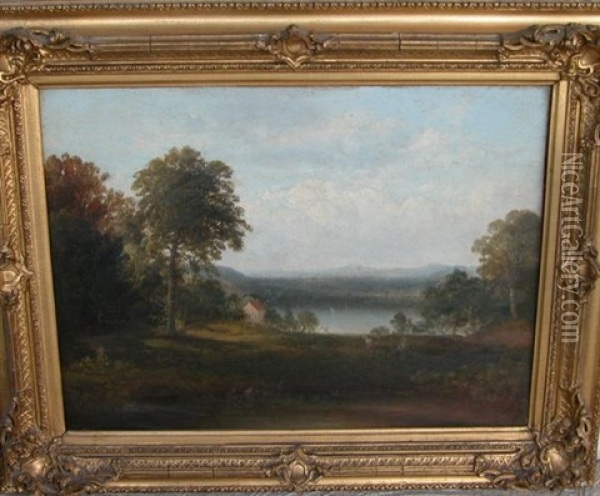 Hudson River Valley Landscape With House, Figures And Animals Oil Painting - Thomas Doughty