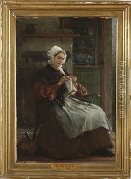 Interior Genre Scene With Woman Knitting, Cat By Feet Oil Painting - Thomas Hicks