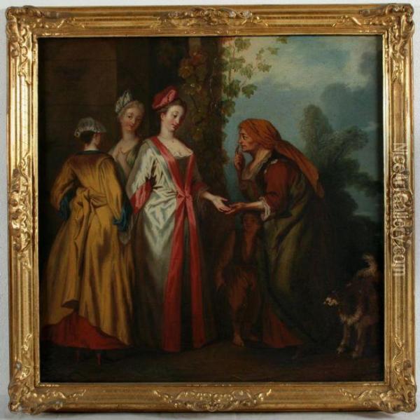 Dame In Begleitung Ihrer Beiden Zofen Oil Painting - Watteau, Jean Antoine