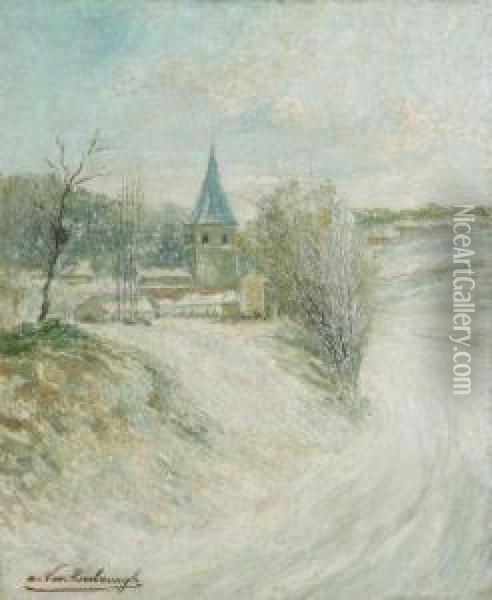 Winter Landscape With Village And Bell Tower Oil Painting - Antoine Joseph Van Rasbourgh