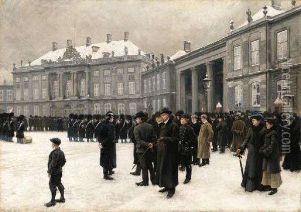 Changing Of The Guard At Amalieborg Palace Oil Painting - Paul-Gustave Fischer