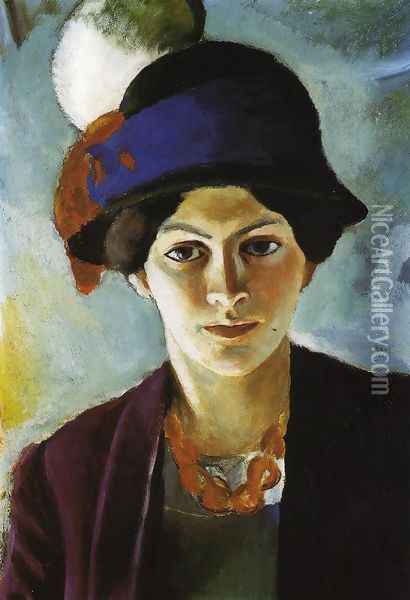 Portrait of the Artist's wife Elisabeth with a Hat (Frau des Kunstlers mit Hut) 1909 Oil Painting - August Macke