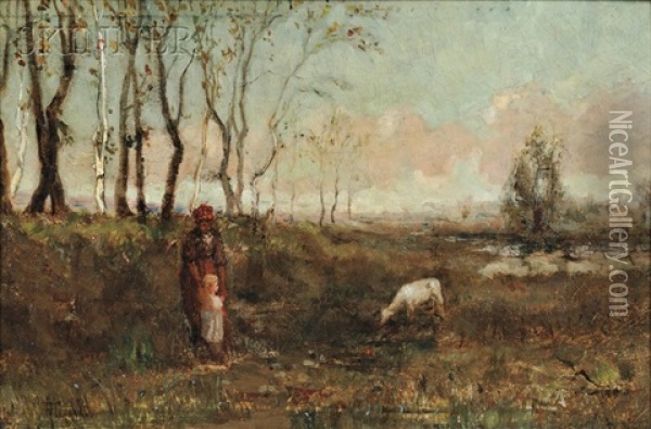 Shepherdess With A Young Girl And Lamb Oil Painting - Clement Rollins Grant