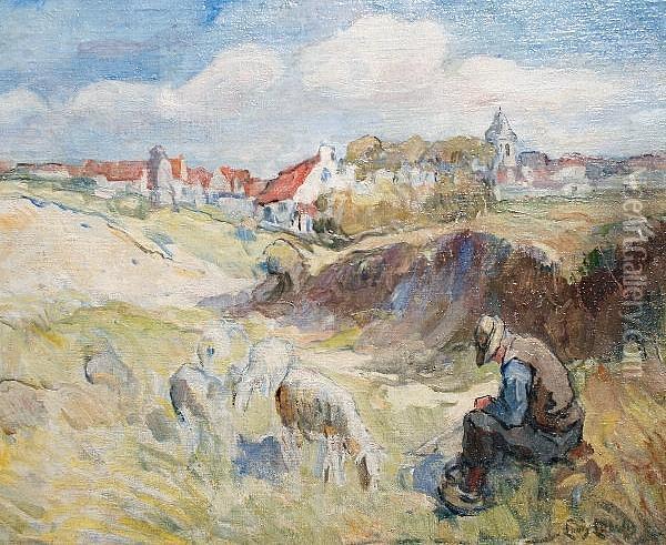 A Shepherd Before Knokke-le-zoute Oil Painting - Henri Louis Ludwig