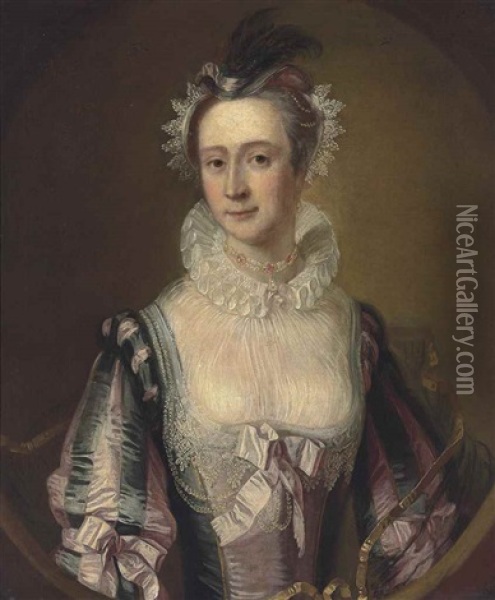 Portrait Of A Lady, Traditionally Identified As Lady Frances Hanbury Williams (1709-1781), Half-length, In Van Dyck Costume, In A Feigned Oval Oil Painting - Thomas Hudson