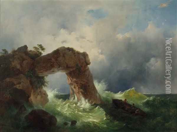 Meeressturm Bei Der Grotte Foccia An Der Kuste Von Fusaro Bei Neapel Oil Painting - Josef Rebell