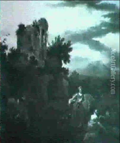 Sudliche Landschaft Mit Der Ruine Des Vestatempels, Im      Vordergrund Schaferinnen Mit Ihren Tieren Oil Painting - Johannes van der Bent