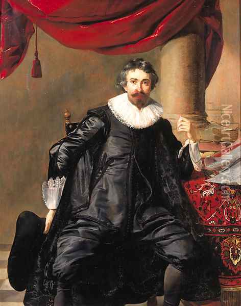 Portrait of a gentleman, in his forties, seated small full length by a table before a draped column Oil Painting - Thomas De Keyser