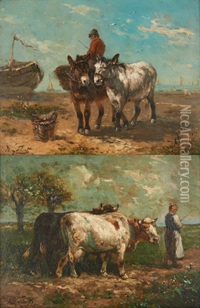 Deux Anes A La Peche & Vaches Et Jeune Femme (2 Works) Oil Painting - Henry Schouten