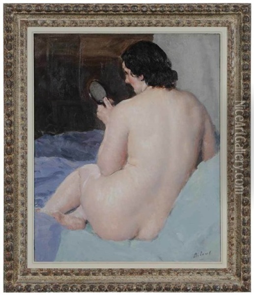 Nude Holding Mirror Oil Painting - Louis Francois Biloul