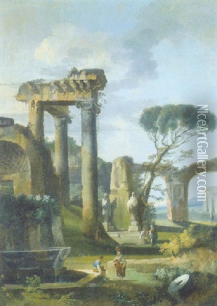 Capriccio Di Rovine Antiche Con Statue Classiche E Astanti Oil Painting - Hubert Robert