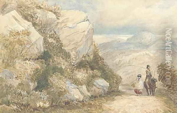 Travellers on a road, North Wales Oil Painting - David Cox