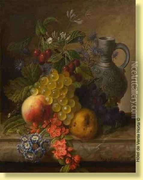 Composition Aux Fleurs, Fruits Et Pichet De Gres Oil Painting - Virginie de Sartorius