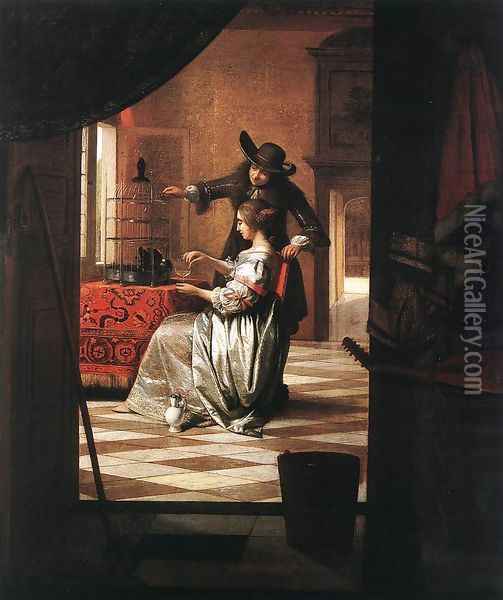 Couple with Parrot 1668 Oil Painting - Pieter De Hooch