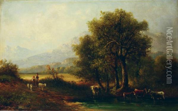Gebirgslandschaft Mit Viehherde. Oil Painting - Ernst Julius Engelmann