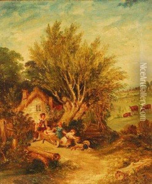 Children Playing Near A Cottage With Cattle In The Distance Oil Painting - Edwin Landseer Lutyens