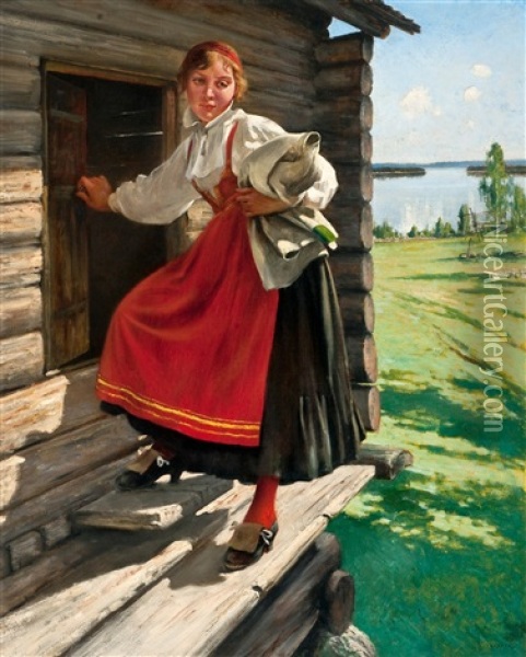 Girl In Mora Dress Oil Painting - August Vilhelm Nikolaus Hagborg
