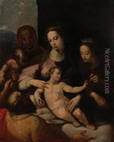 Sacra Famiglia Con Sant'anna, San Giovannino E Santa Martire Oil Painting - Girolamo Mazzola Bedoli