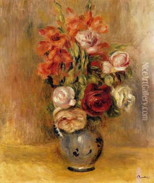 Vase Of Gladiolas And Roses Oil Painting - Pierre Auguste Renoir
