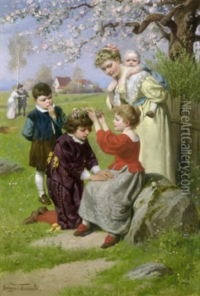 Jugendalter - Die Kleine Maiprinzessin Setzt Ihrem Jungen Ritter Einen Blumenkranz Aufs Haar Oil Painting - Eugen Johann Georg Klimsch