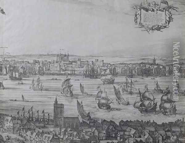 Panorama of London and the Thames, part four showing the Tower and the Church of St. Olave, c.1600 Oil Painting - Nicolaes (Claes) Jansz Visscher