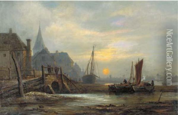 A Dutch River Scene, Evening Oil Painting - John Wilson Carmichael