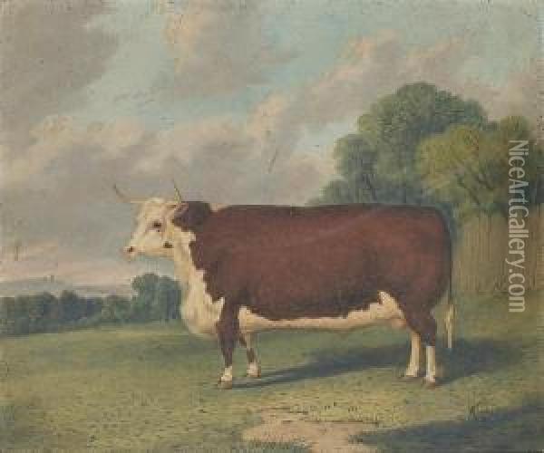 A Prize Cow In A Landscape Oil Painting - Richard Whitford