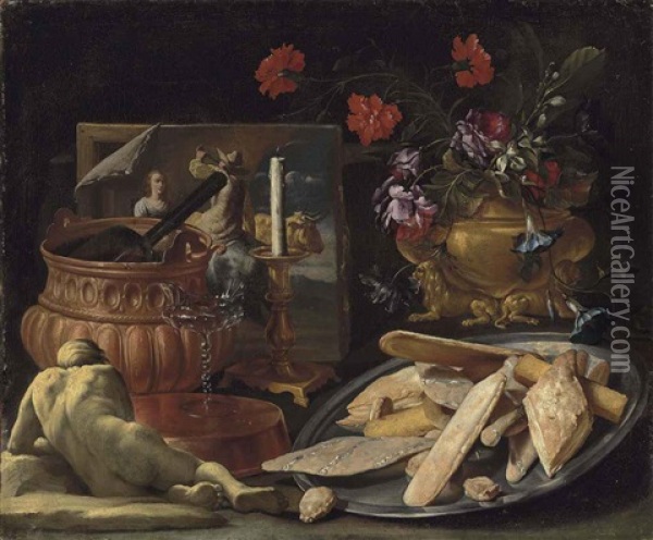 An Allegory Of The Five Senses: Roses, Carnations, Orange Blossoms And Morning Glory In A Sculpted Vase, With Pastries - Panetti, Pane Cafone... Oil Painting - Giuseppe Recco