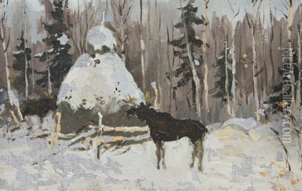 A Grazing Moose In The North Oil Painting - Aleksei Stepanovich Stepanov
