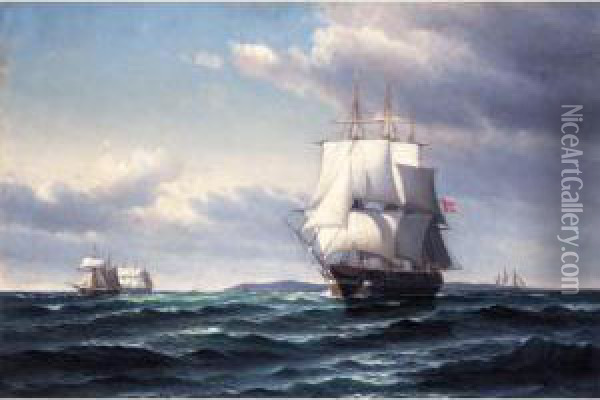 A Danish Frigate Off The Coast Oil Painting - Vilhelm Bille
