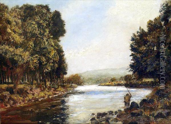 Riverscene With Angler Oil Painting - John William Buxton Knight