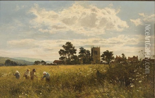 Figures In A Meadow, Church Tower Beyond Oil Painting - Benjamin Williams Leader