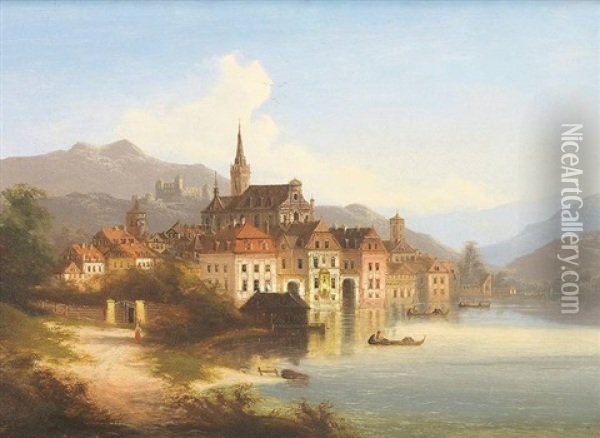 Blick Uber Den Hochwasser Fuhrenden Neckar Auf Heidelberg Mit Dem Schloss Oil Painting - Johann Wilhelm Jankowski