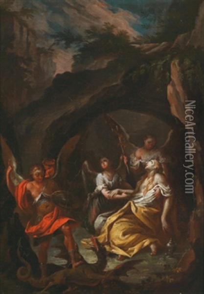 Die Heilige Margarethe Mit Engeln In Einer Felsenhohle Oil Painting - Johann Jacob Zeiller