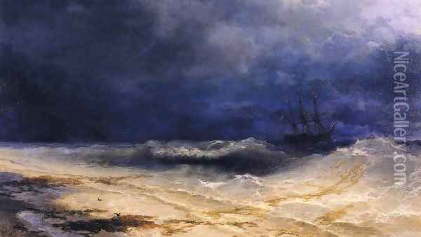 Ship in a Stormy Sea off the Coast Oil Painting - Ivan Konstantinovich Aivazovsky