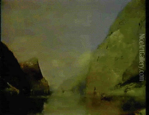 A Norwegian Fjord Scene Oil Painting - Georg Anton Rasmussen