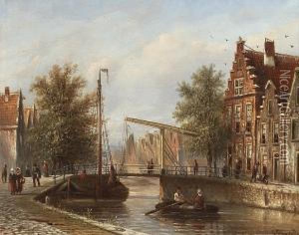 Figures Beside A Canal In A Dutch Town Oil Painting - Johannes Franciscus Spohler