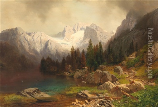 View Of The Dachstein From The Gosausee Oil Painting - Karl Millner