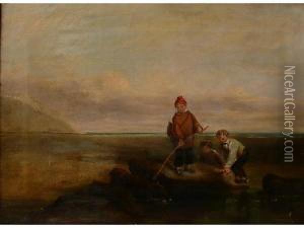 Boys Fishing In A Rock Pool Oil Painting - William Collins