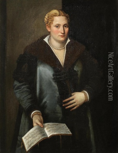 Portrait Of A Diva, Said To Be Artemisia Roberti, Three-quarter-length, Wearing A Fur-lined Coat, Pearls, And Holding A Musical Score Oil Painting - Micheli Parrasio