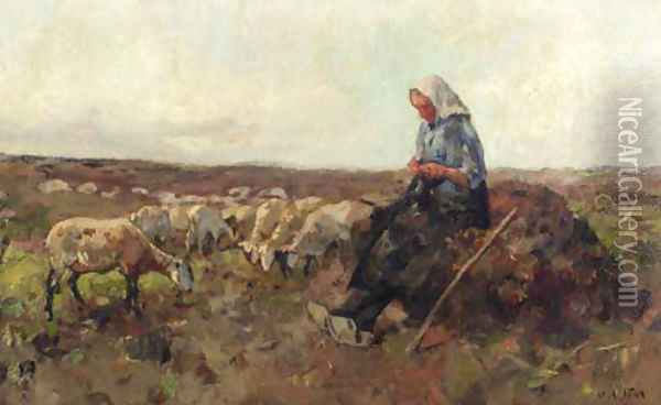 A shepherdess and flock in a heath landscape Oil Painting - Willem Van Der Nat
