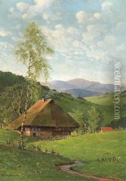 Idyllische Sommerliche 
Schwarzwaldlandschaft Mit Kleinem Bachlauf Sowie Strohgedecktem 
Bauernhaus Oil Painting - Karl Hauptmann