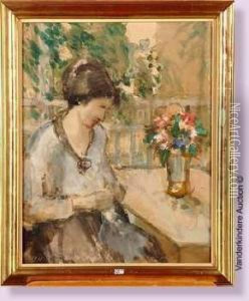 Femme Assise Sur La Terrasse Oil Painting - Auguste Oleffe