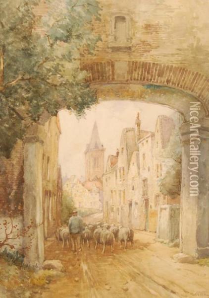 Shepherd And Sheep In A Belgian Village Oil Painting - James Robertson Miller