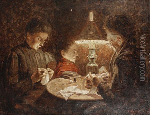 Women Sewing By Lamplight Oil Painting - Salvatore Marchesi