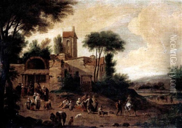An Italianate Landscape With Figures Before A Church Oil Painting - Mathys Schoevaerdts