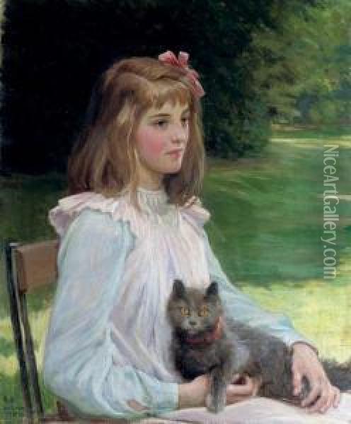 Young Girl With A Cat Oil Painting - George Percy Jacomb-Hood