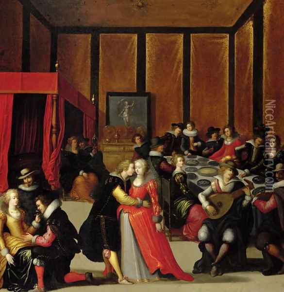 Scene Galante or The Five Senses Oil Painting - Louis de Caulery