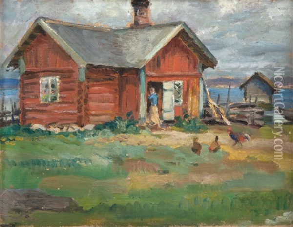 Red Cottage Oil Painting - Santeri Salokivi