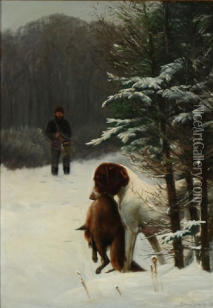 A Dog Bringing It's Master A Captured Fox Oil Painting - Simon Simonsen
